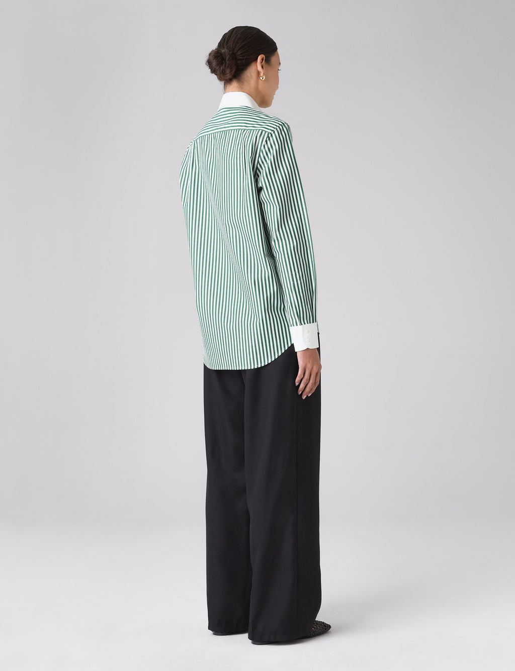 The Boyfriend Contrast: Fine Poplin, Forest Green stripe