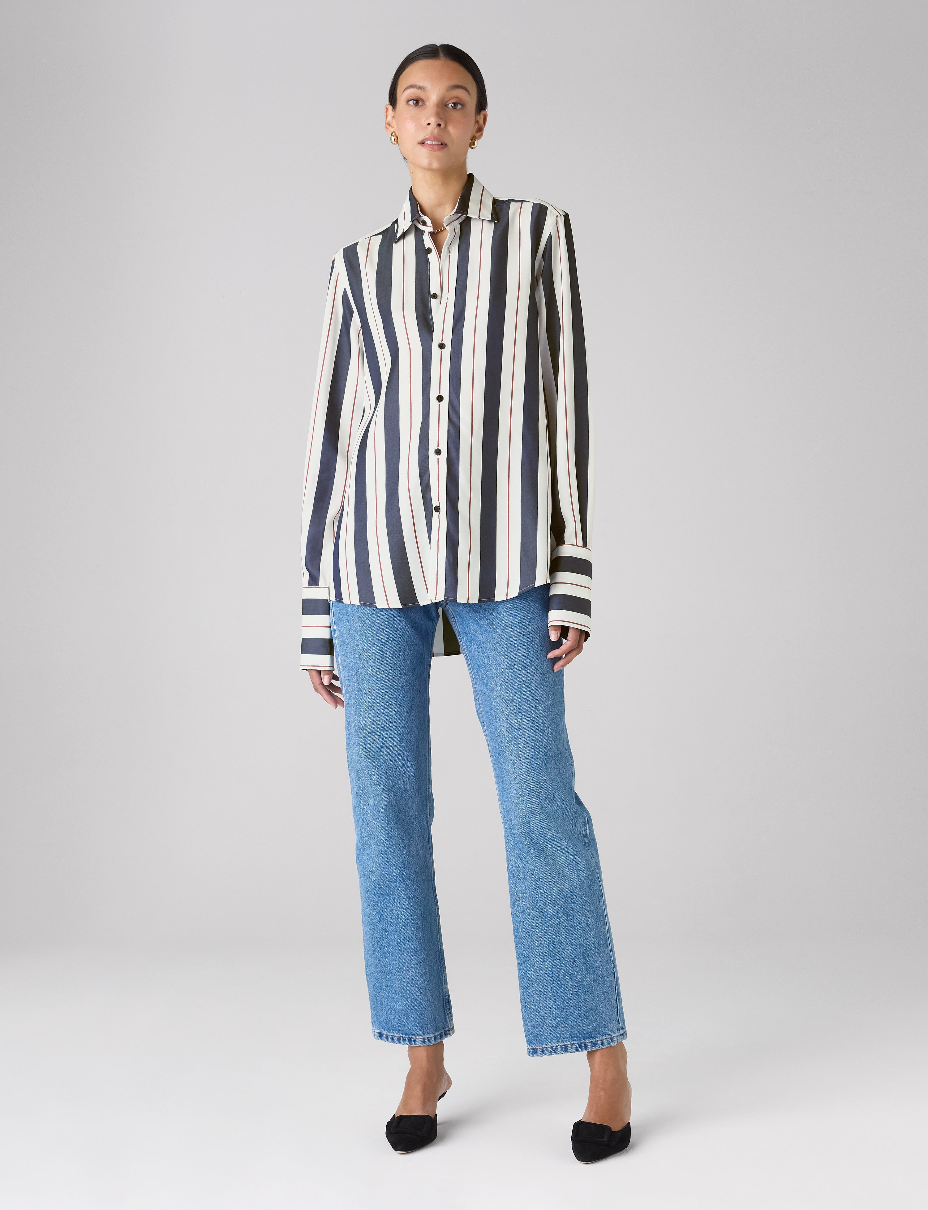 The Boyfriend Exaggerated Cuff: TENCEL™ Lyocell, Navy & Burgundy Wide Stripe