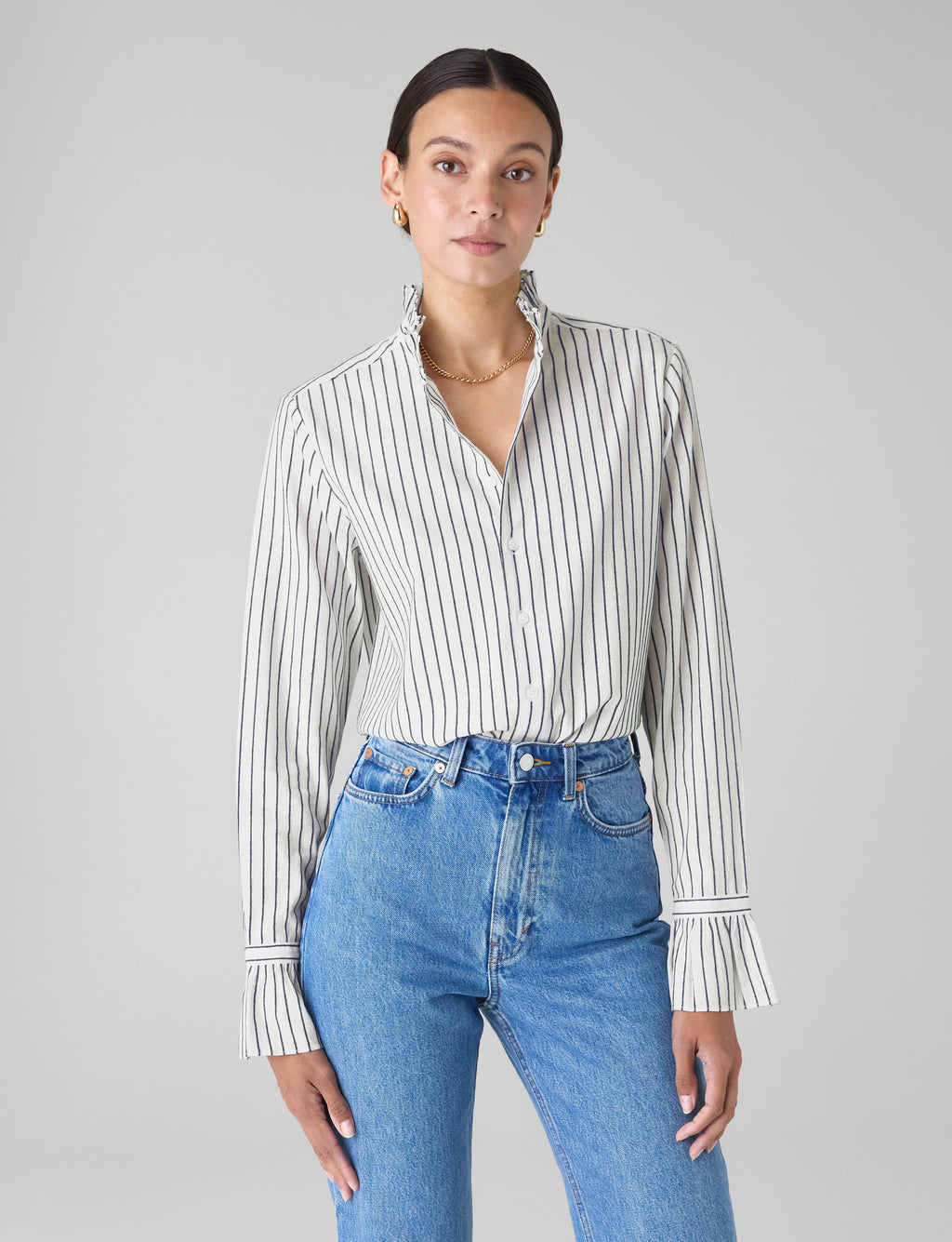 Kew Blouse: Cotton Voile, White with Navy Stripes