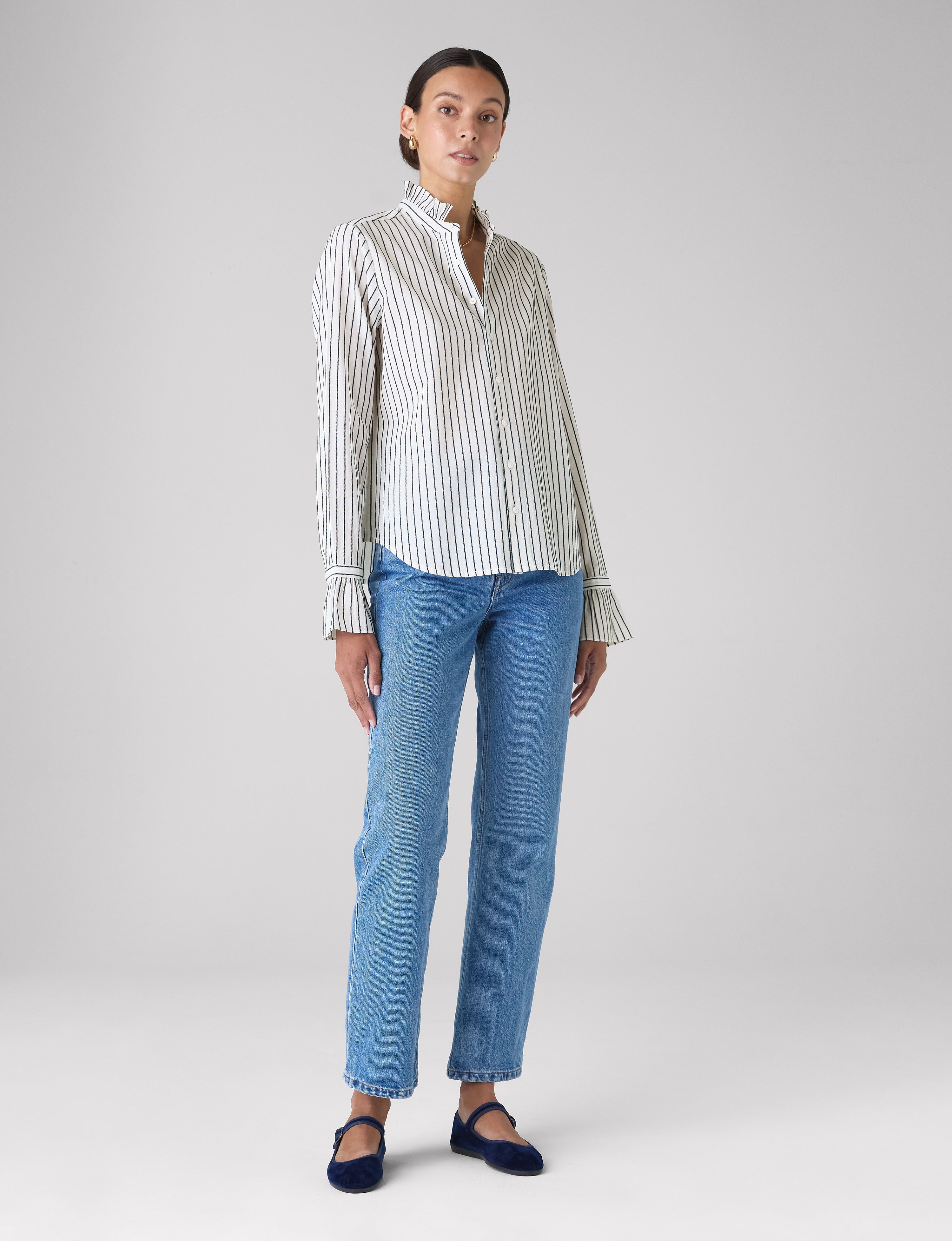 Kew Blouse: Cotton Voile, White with Navy Stripes