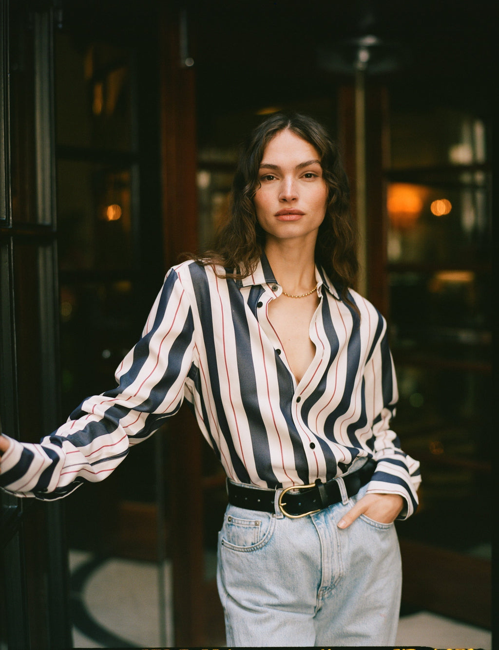 The Boyfriend Exaggerated Cuff: TENCEL™ Lyocell, Navy & Burgundy Wide Stripe