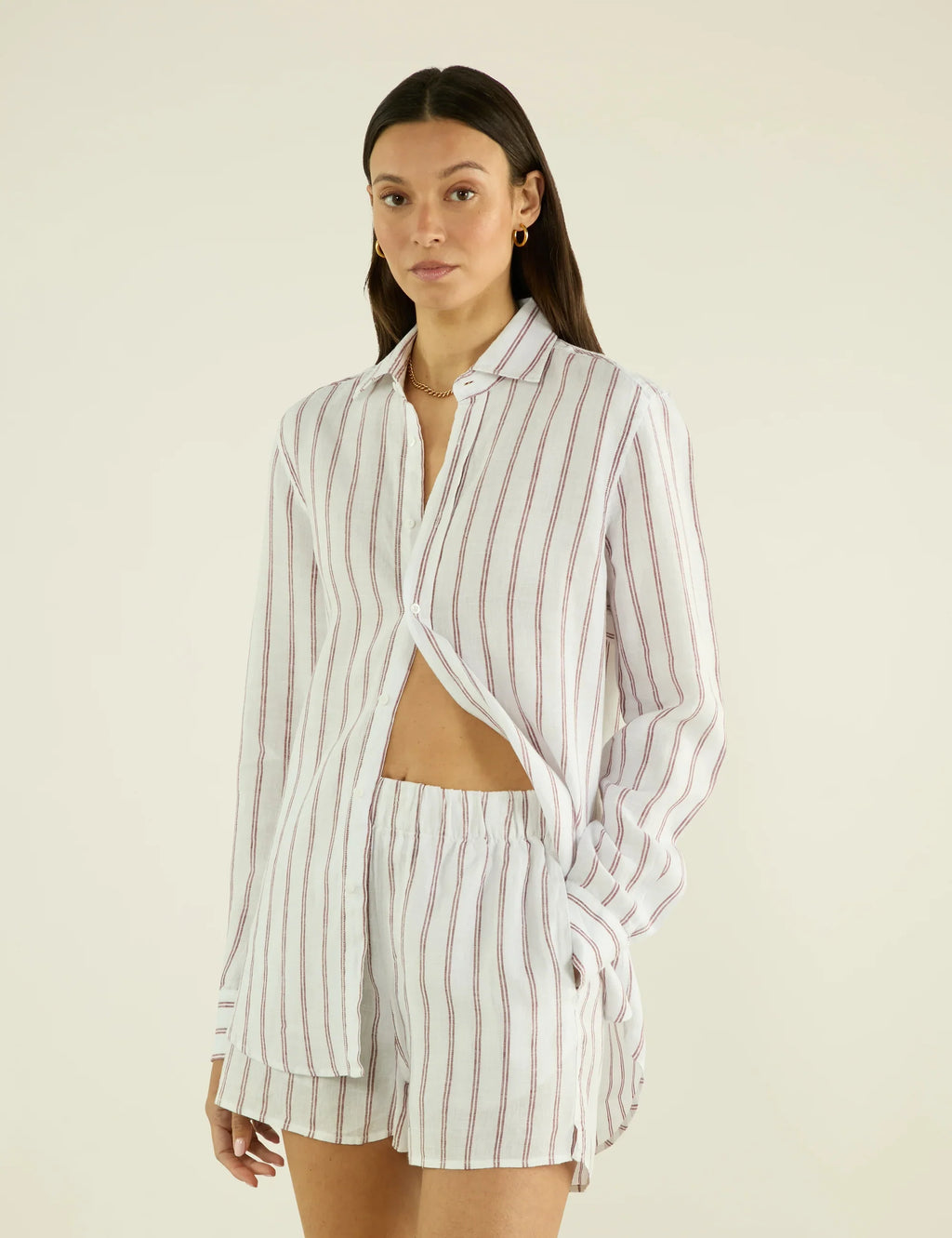 The Boxer: Linen, Burgundy Double Stripe