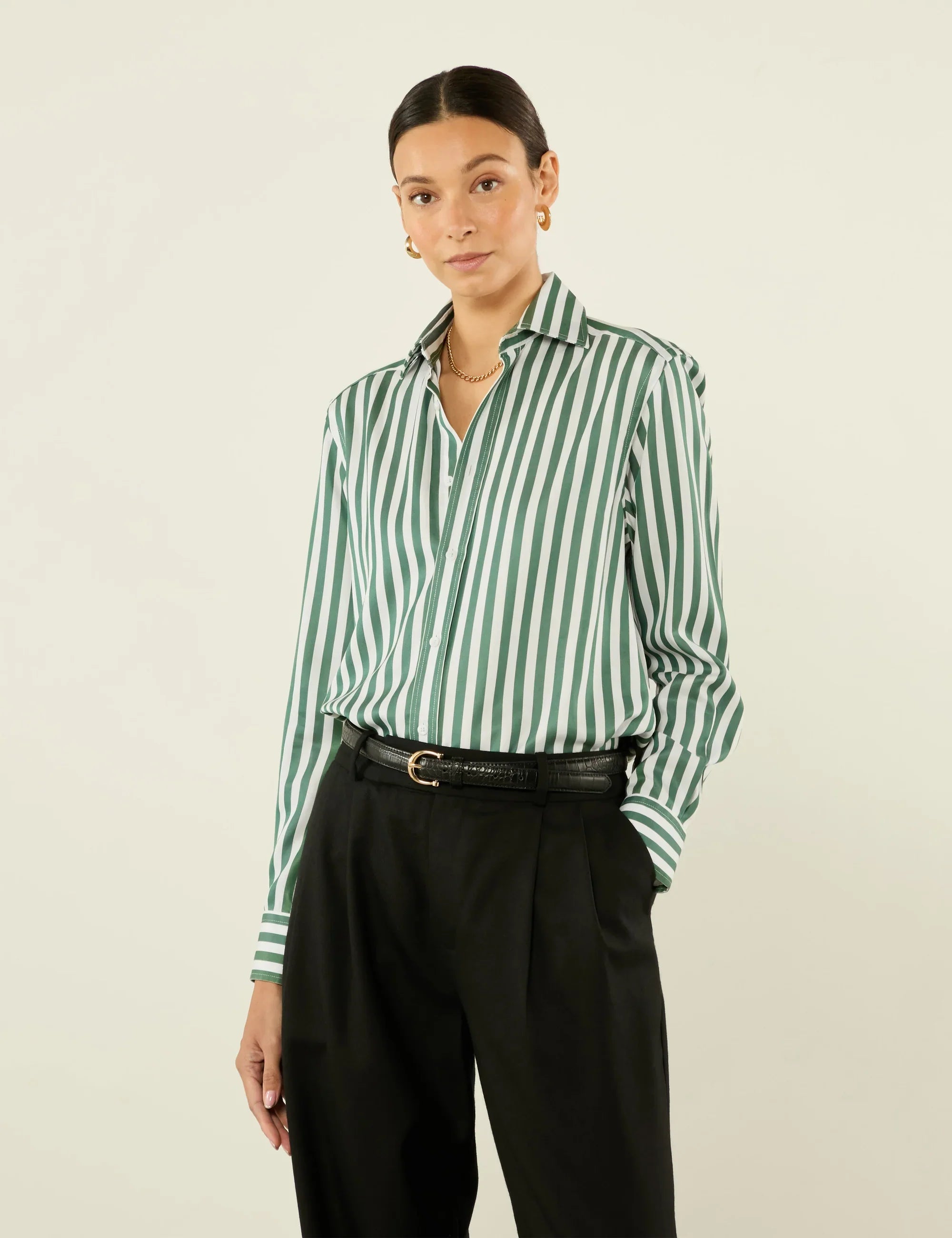 The Boyfriend: TENCEL™ Lyocell, Forest Green Stripe