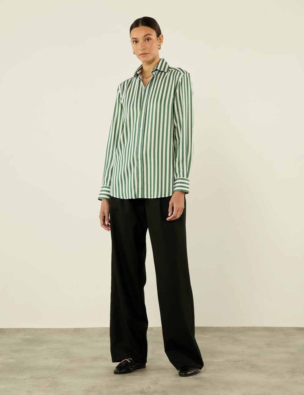 The Boyfriend: TENCEL™ Lyocell, Forest Green Stripe